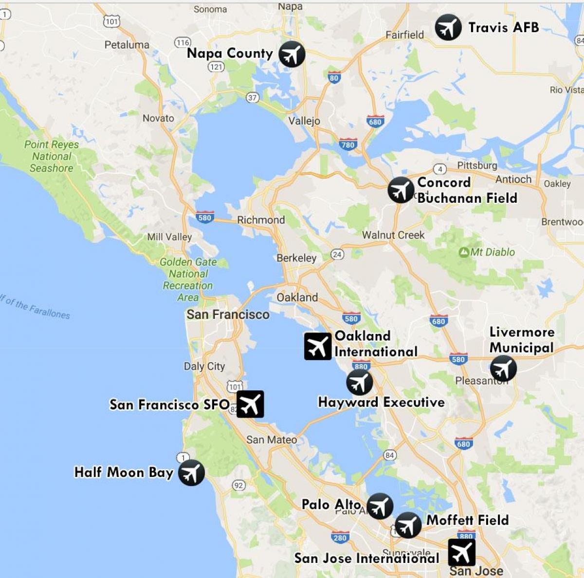 lotniska w pobliżu San Francisco mapie