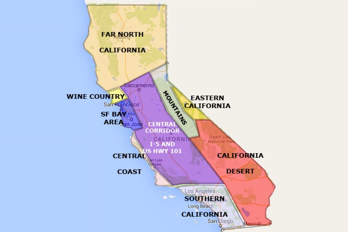 Mapa Kalifornii, na północ od San Francisco