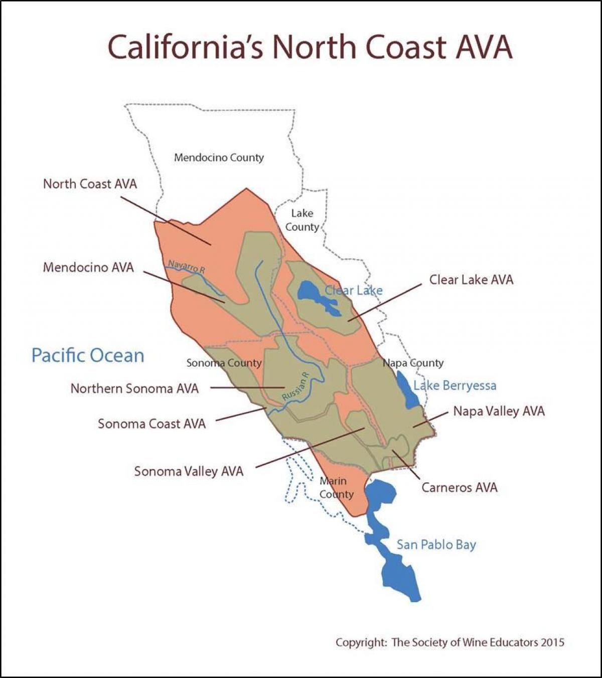 Mapa kalifornijskiego wybrzeża na północ od San Francisco